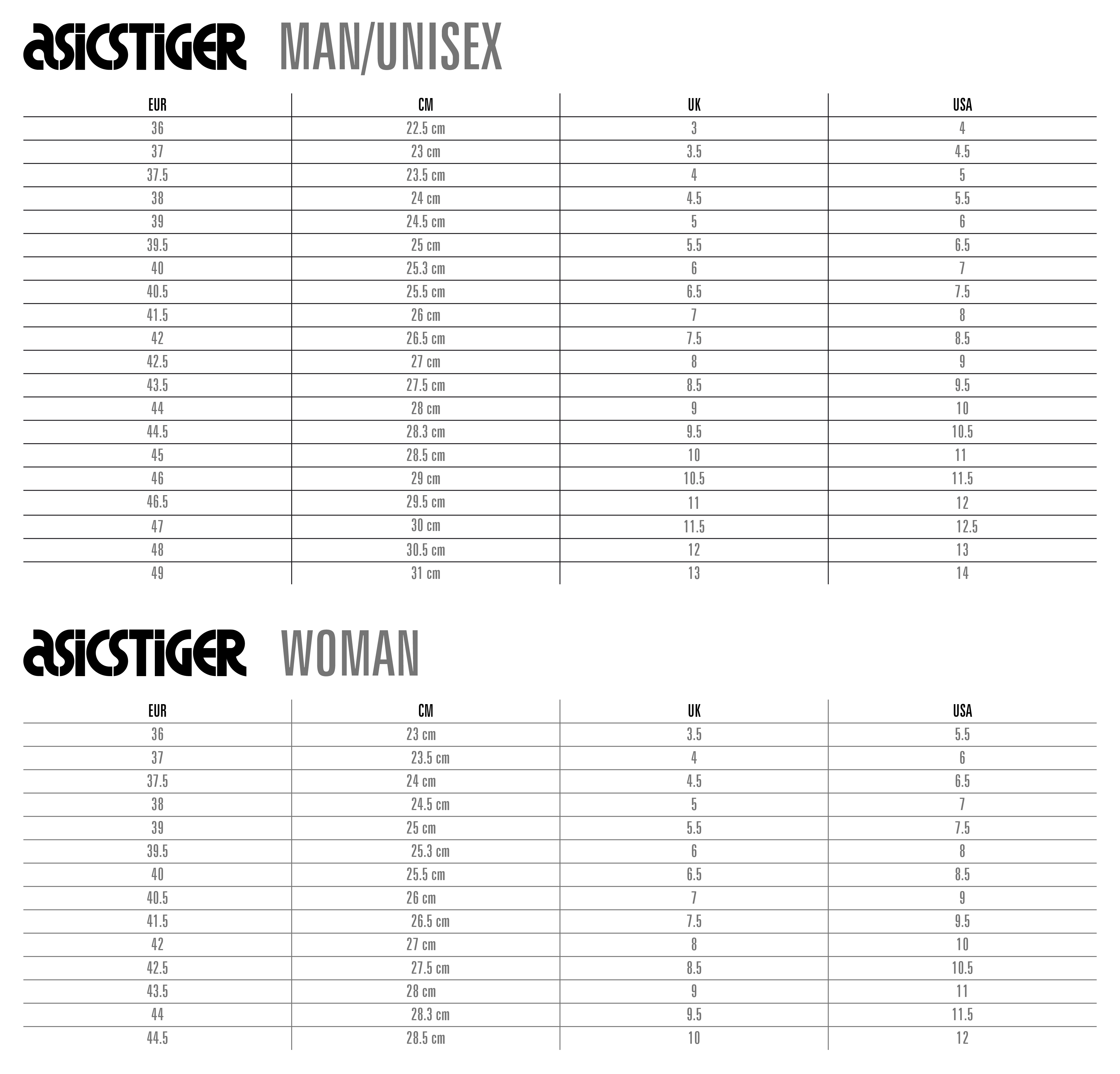 asics tiger size guide